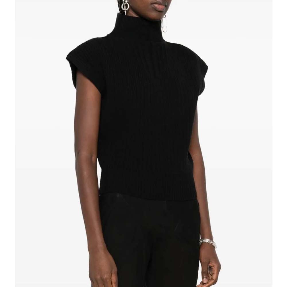Rick Owens Black Fisherman Mock
Turtleneck Sleeveless Wool Sweater